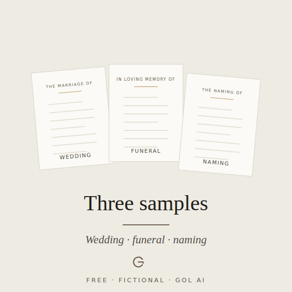 Three sample orders of service — wedding, funeral and naming