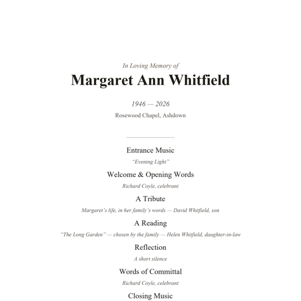 First page of the fictional funeral order of service for Margaret Ann Whitfield