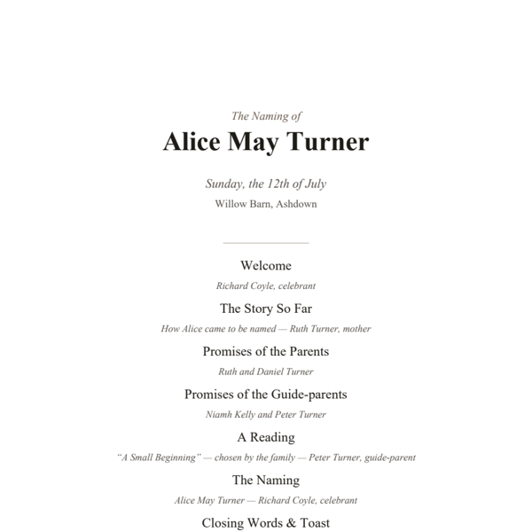 First page of the fictional naming ceremony order of service for Alice May Turner