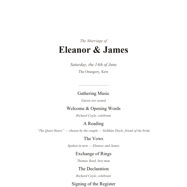 First page of the fictional wedding order of service for Eleanor and James